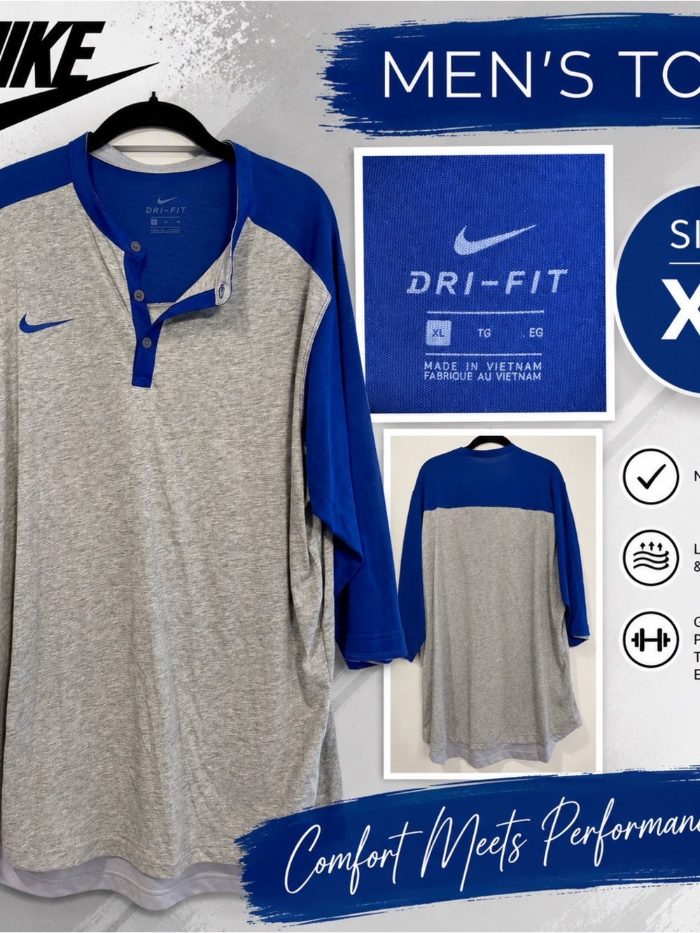 Nike Men’s Grey and Royal Blue Long Sleeve Henley Baseball Tee